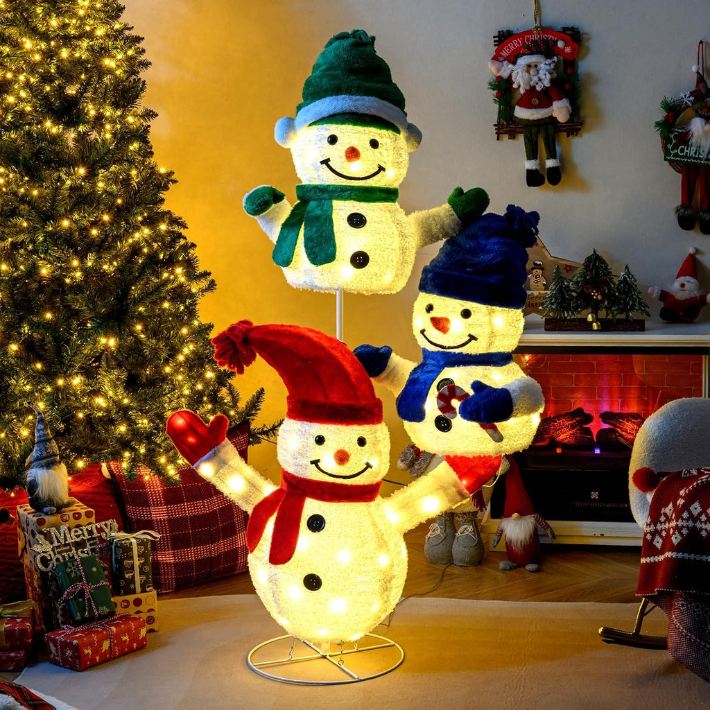 5 FT Christmas Lighted 3 Stacked Snowman, 3D Xmas Light-up Snowman