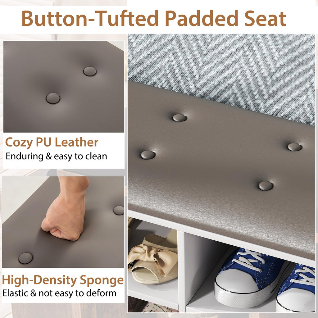 Shoe Storage Bench with Umbrella Stand, 10-Cube Entryway Bench with Adjustable Shelf & Padded Cushion, Cubby Shoe