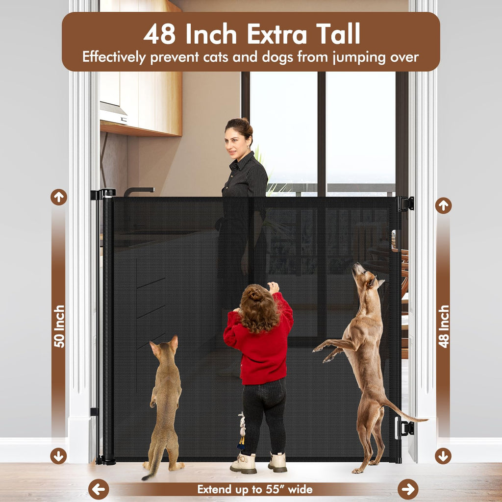Reinforced 48" Extra Tall Pet Gate with Support Rods, 4 Ft Tall Retractable Baby Gates for Doorways 55" Wide Mesh Dog