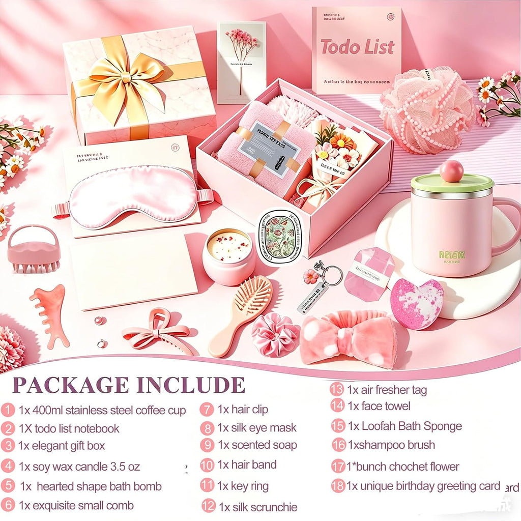 Birthday Gifts for Women, Hampers Gift Box, Female Relaxation Self Care Package Spa Bath Set,Thank You Gifts - Set of 18
