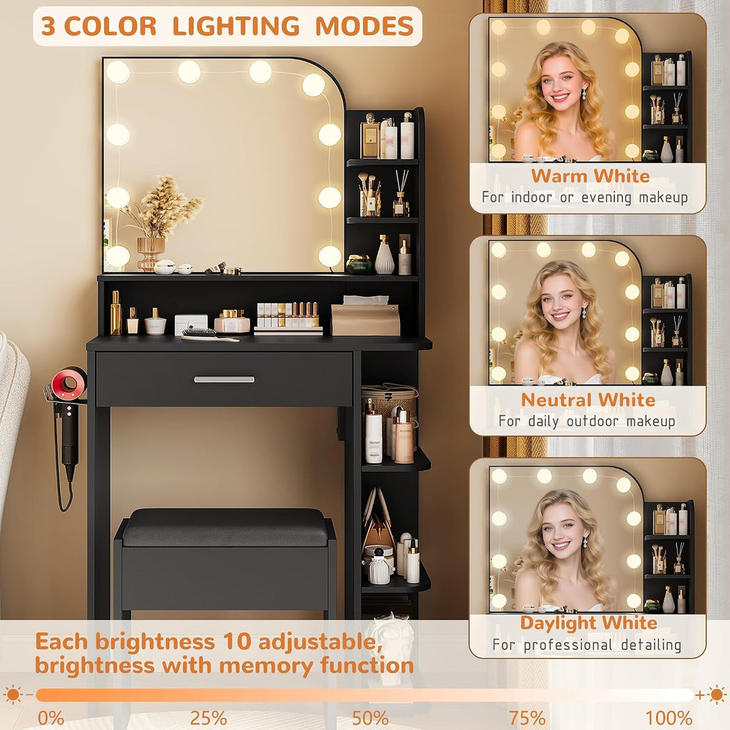Black Vanity, Set with Big Mirror, Lights & Chair, for Girls | Small footprint, huge storage, 14.2×26.5×54.4"