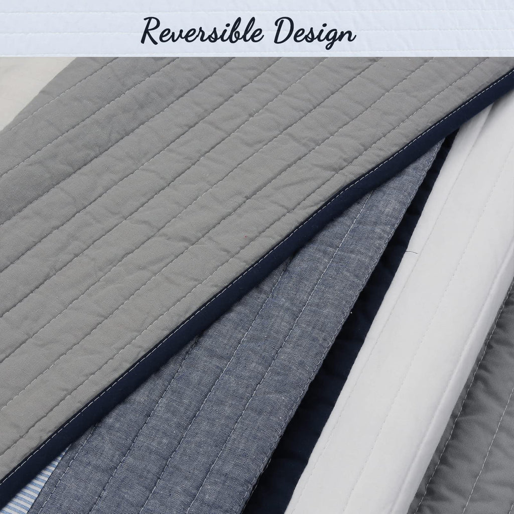 Tranquil Blue Gray Striped 100% Cotton Quilt Bedding Set, Reversible Coverlet, Bedspread (Rendon - 2 Piece)