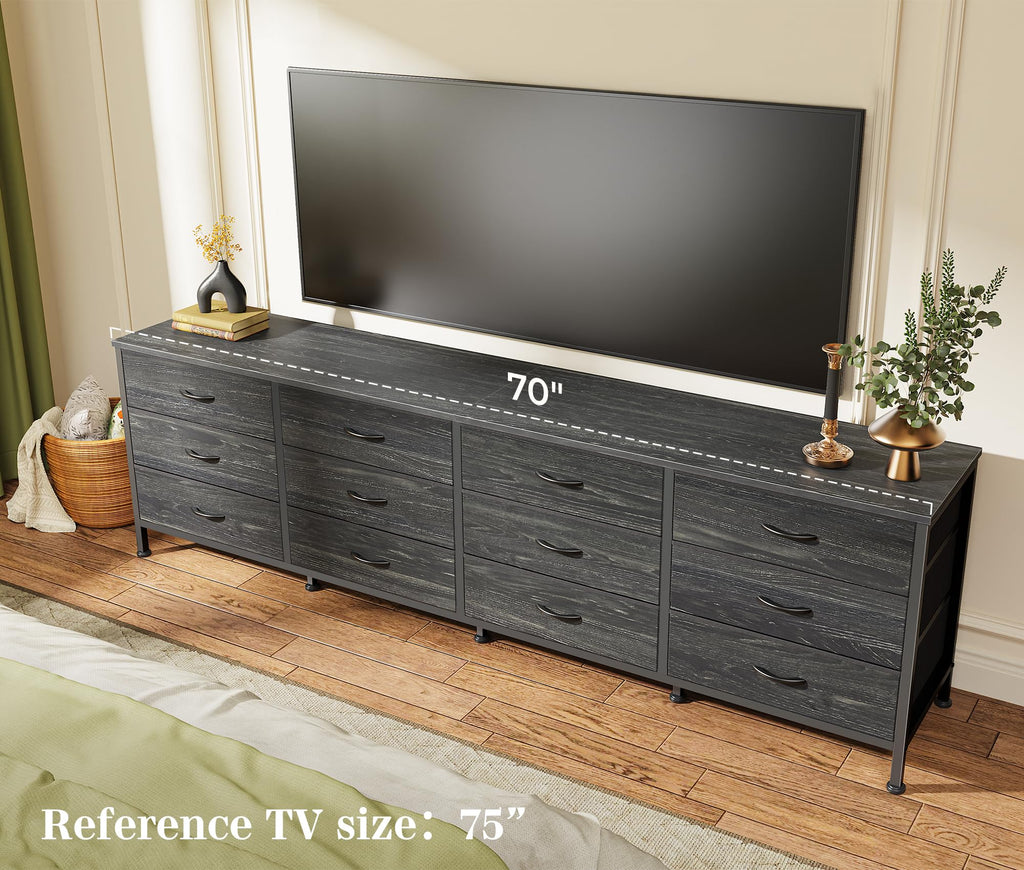 70 Inch Dresser, TV Stand for 65, 75, 80 Inch TV, 12 Fabric Drawer Long Dresser, Large Storage Organizer Unit, Chest