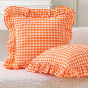 2 Pack Pumpkin Orange Gingham Ruffle Throw Pillow Covers 18"x18"