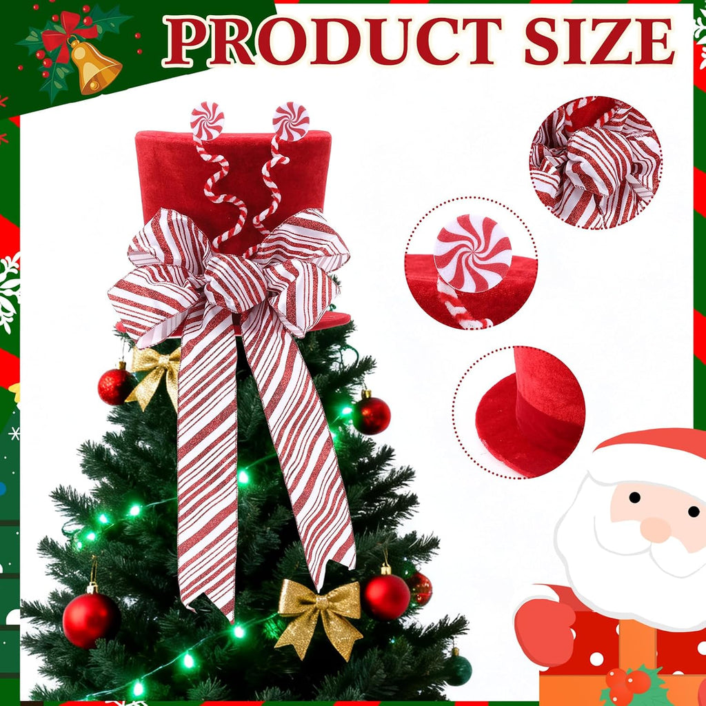 Christmas Candy Cane Tree Topper Red Hat with Red White Striped Bow