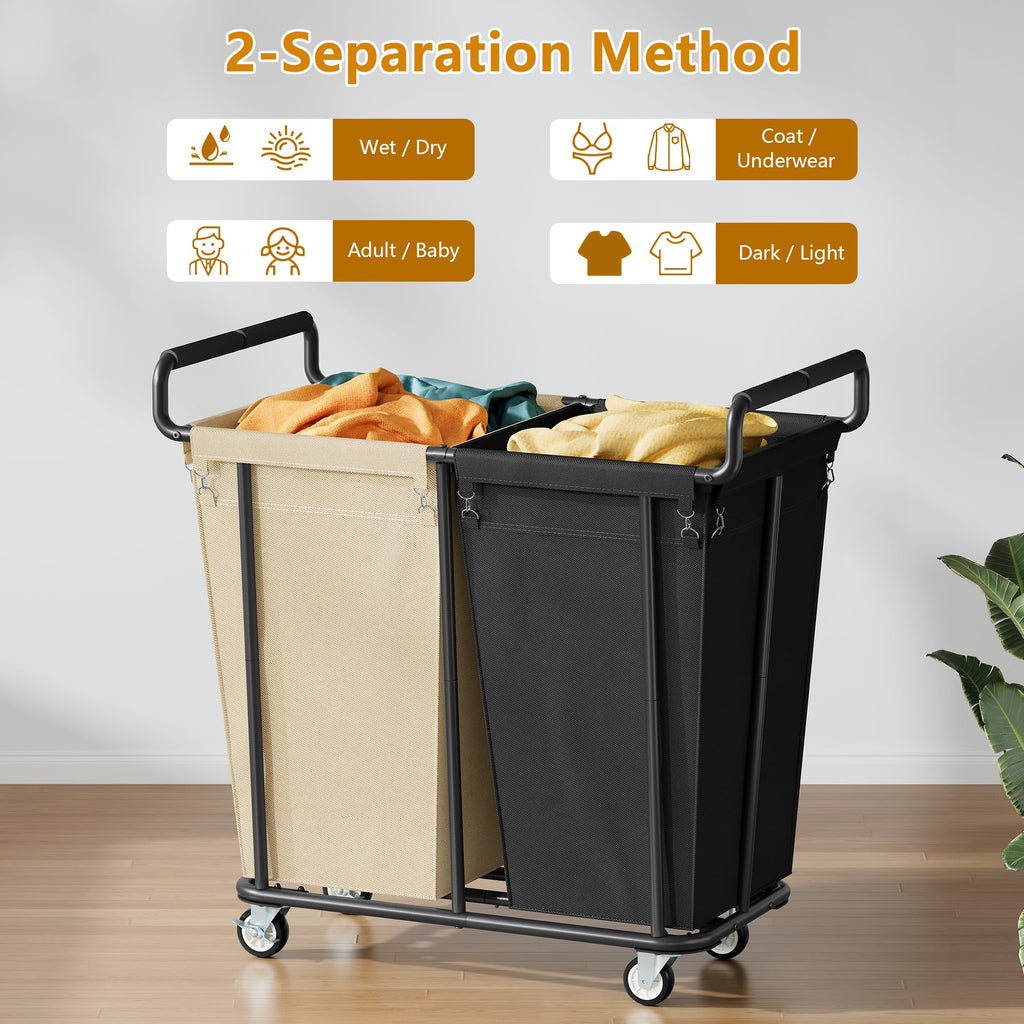 2 Section Heavy Duty Laundry Basket with Wheels, 360L