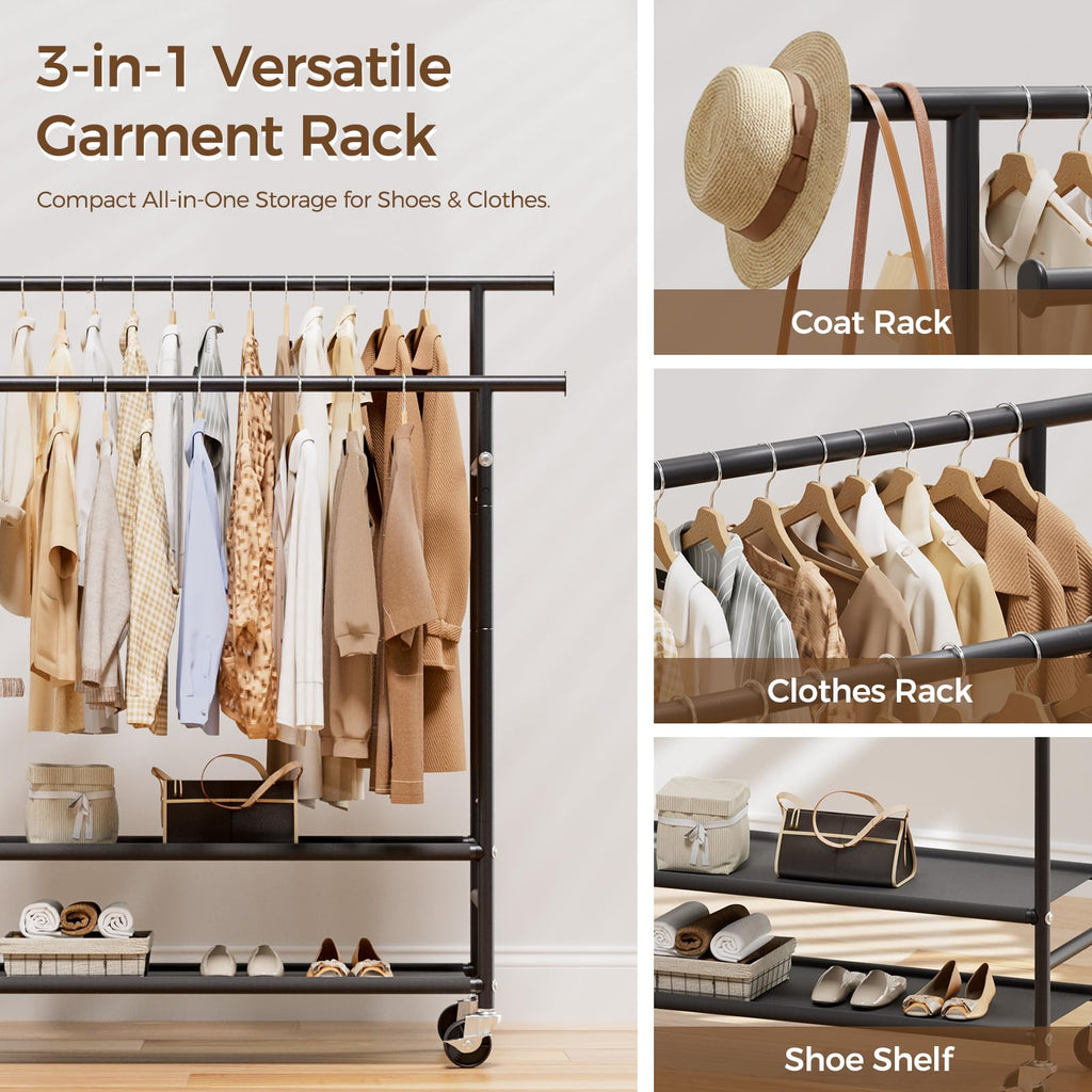 Clothes Rack,Double Rods Rolling Clothing Rack for Hanging Clothes,Portable Garment Rack with 2-Tier Storage