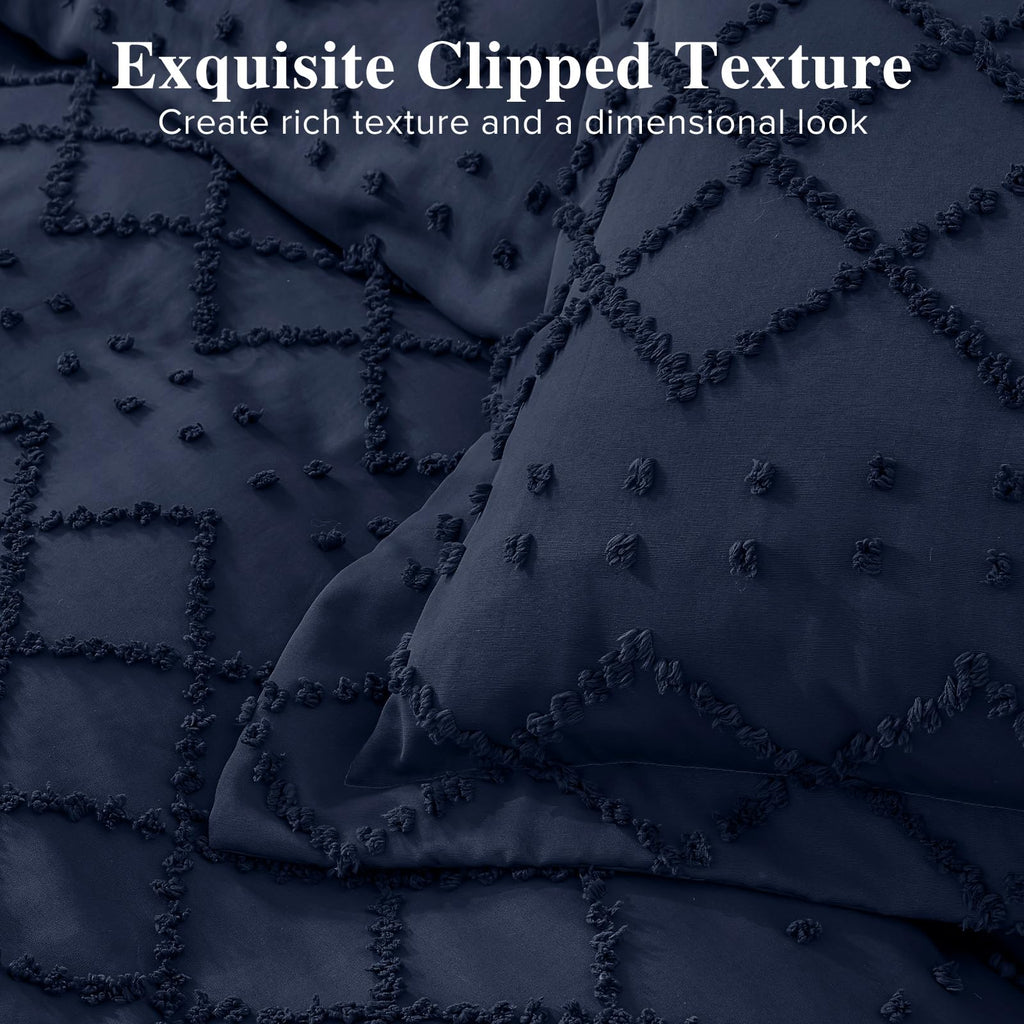 Boho Duvet Cover Set, Tufted Embroidery Bedding, 3 PCS, Navy Blue