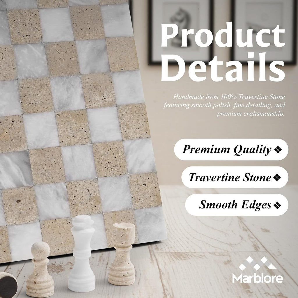 Marble Chess Sets for Adults 12 Inch White & Travertine