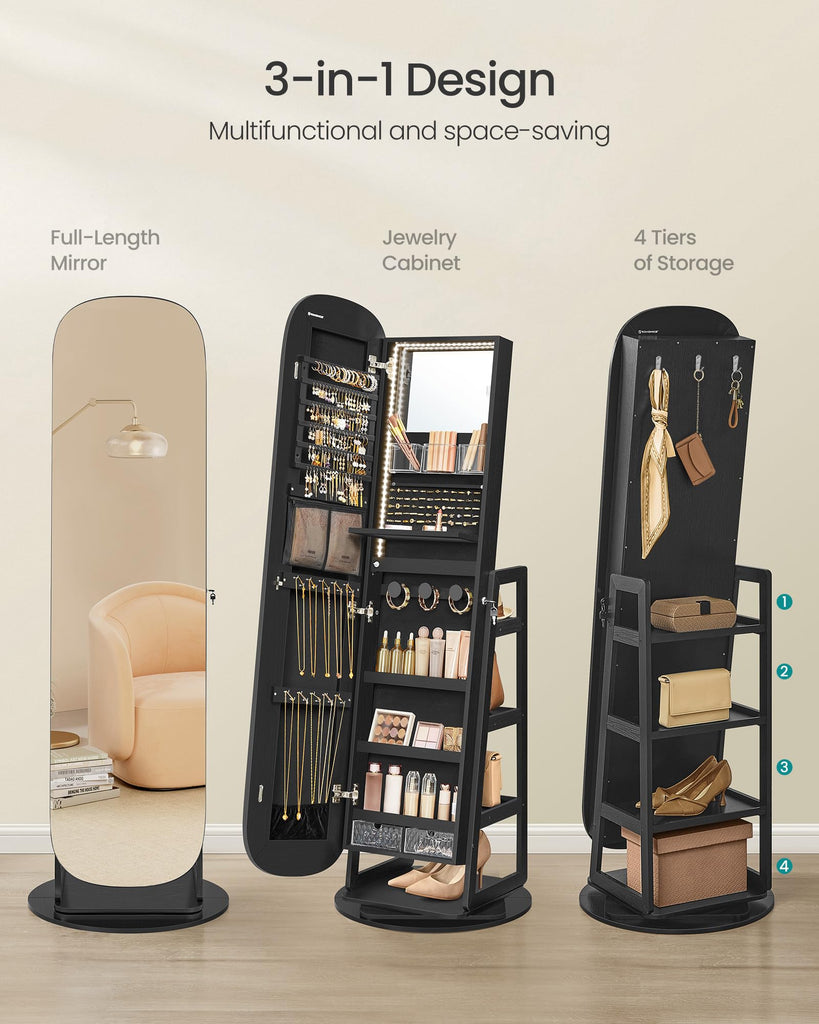 LED Jewelry Cabinet, 360° Swivel, Lockable, Full-Length Mirror