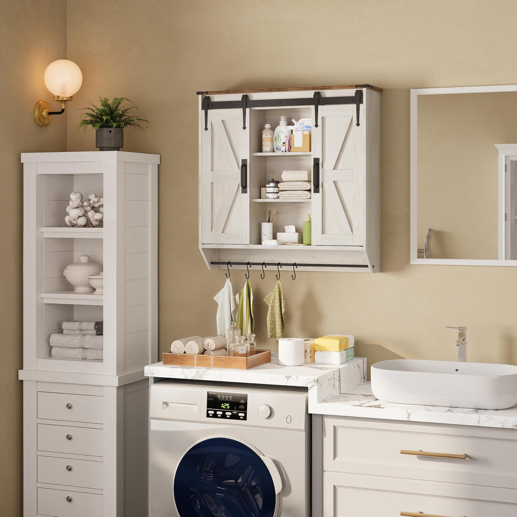 Farmhouse Medicine Cabinet 2 Sliding Barn Doors 3 Tier Rustic Wood Wall Storage Cabinet Adjustable Shelf Towel Bar
