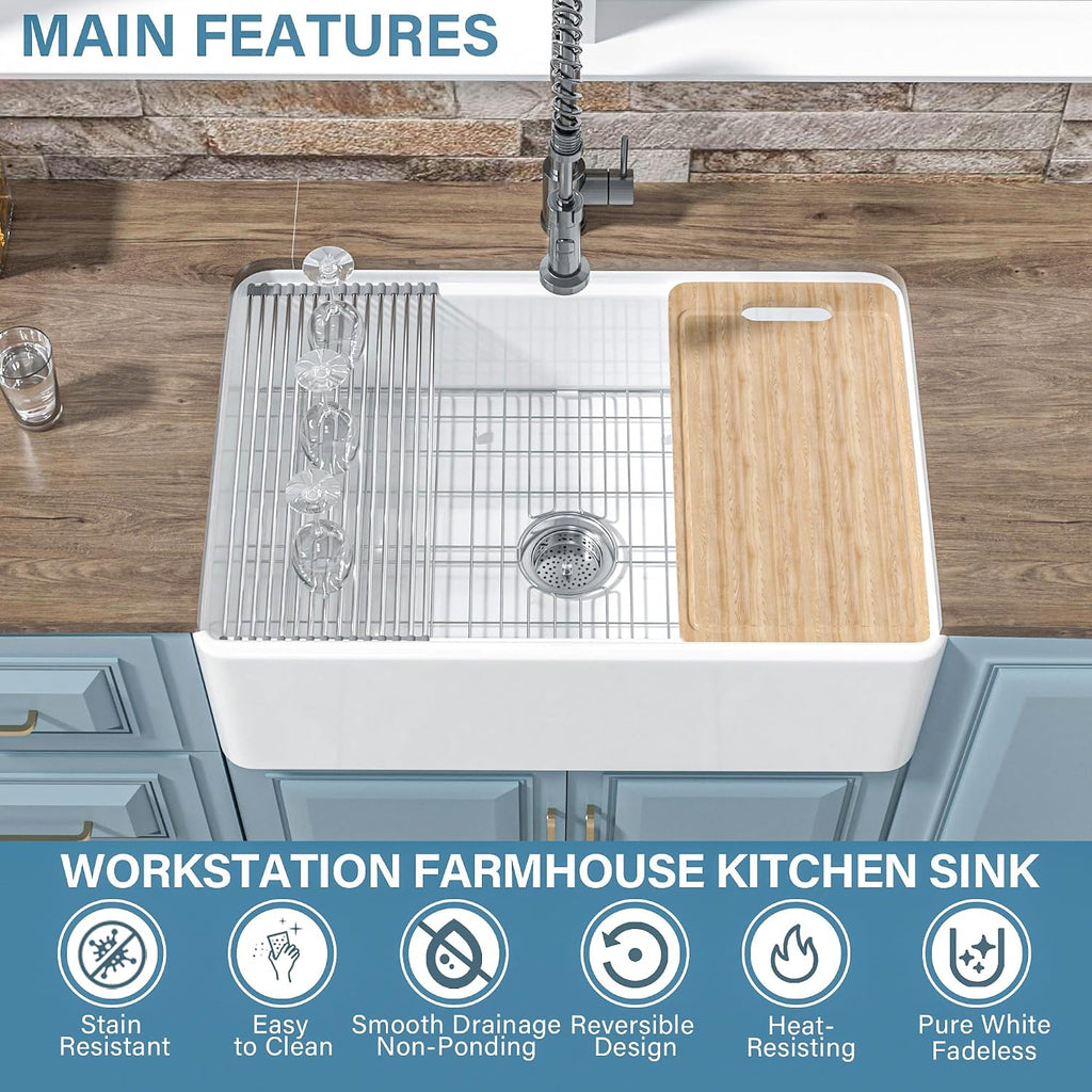 30" x 20" Apron Front Farmhouse Workstation Kitchen Sink White | , Fireclay single bowl farm style, Easy to clean