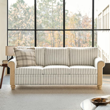 81" Farmhouse Couch with Stripe Pattern, 3 Seater Sofa with Solid Wood Legs and Rolled Wide Armrests, Comfy