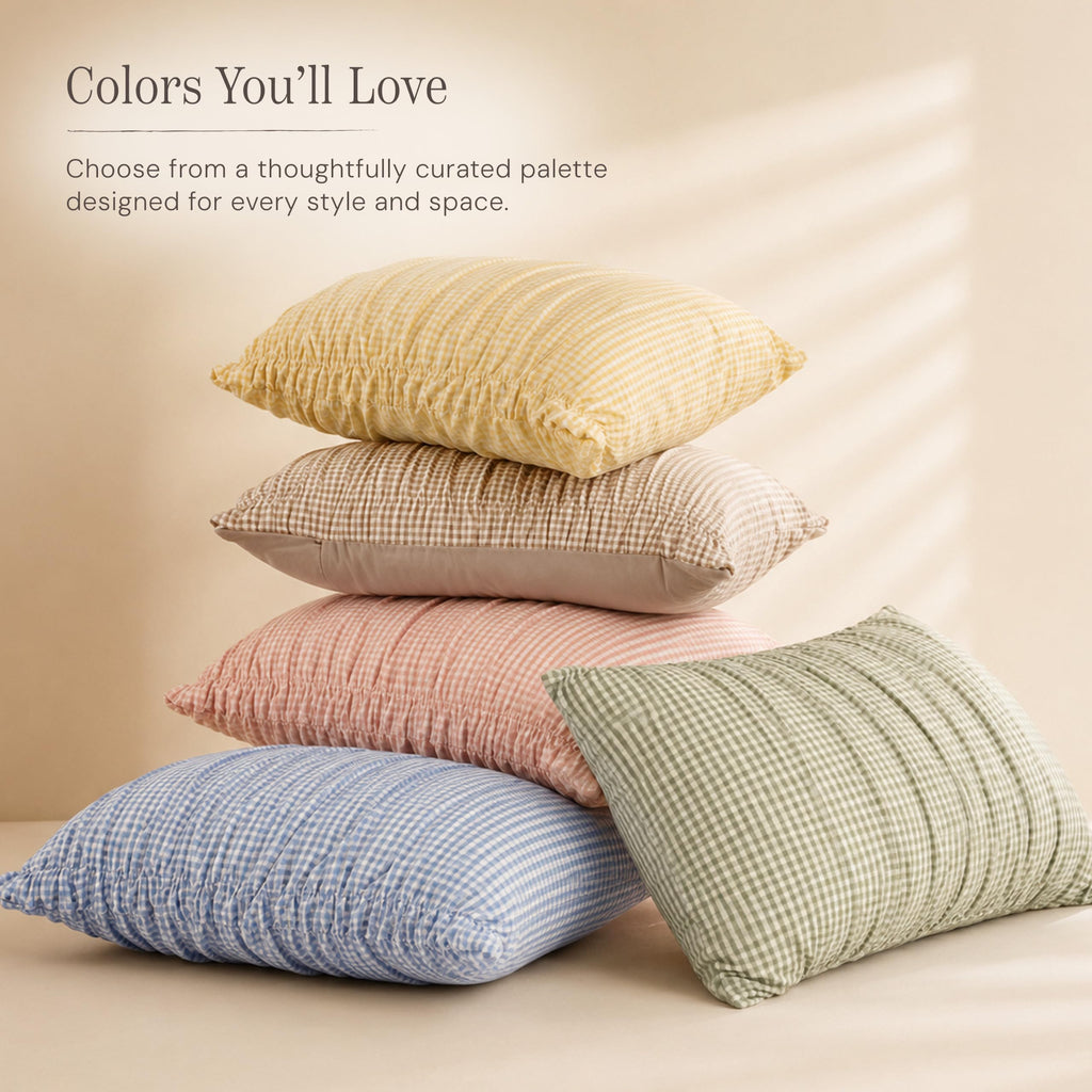 Tan Gingham Comforter Sets - 3 Pieces Ruched Bedding