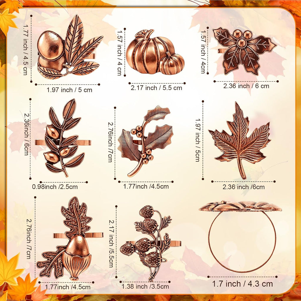 Fall Thanksgiving Napkin Rings Set,Autumn Metal Holders - Set of 8