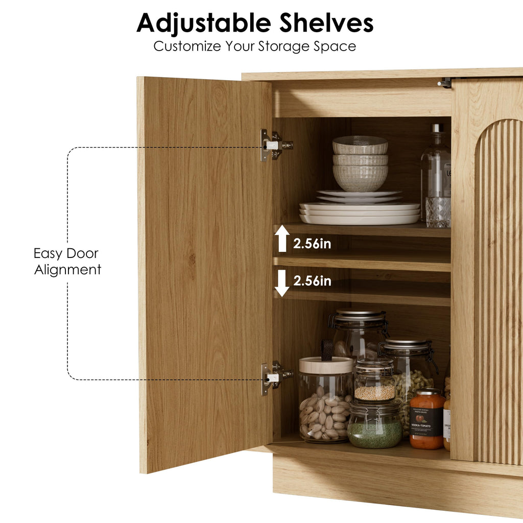 67" Sideboard Buffet Cabinet, Arched Fluted Push-to-Open Doors, Oak