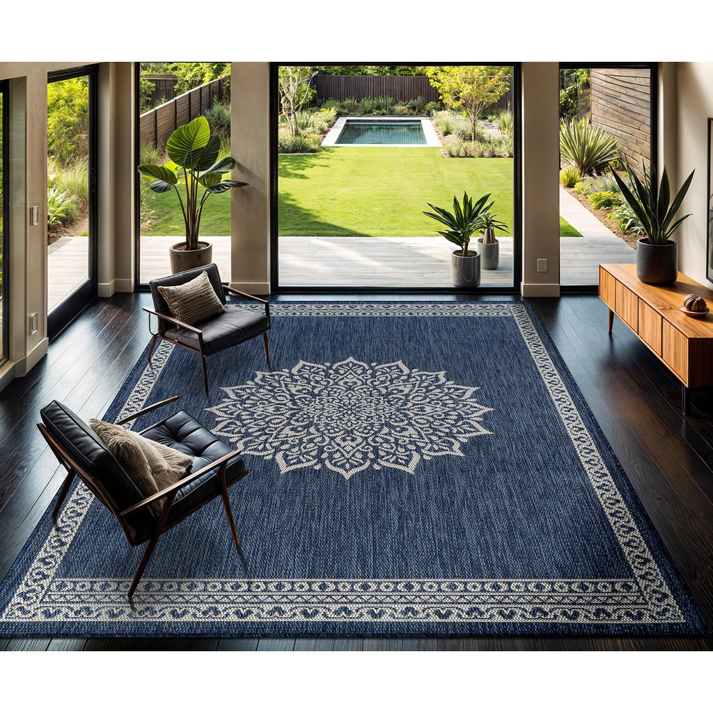 Outdoor Rug 10x14 Medallion Blue Modern Large Area Rugs for Indoor and Outdoor Patios Kitchen and Hallway Mats