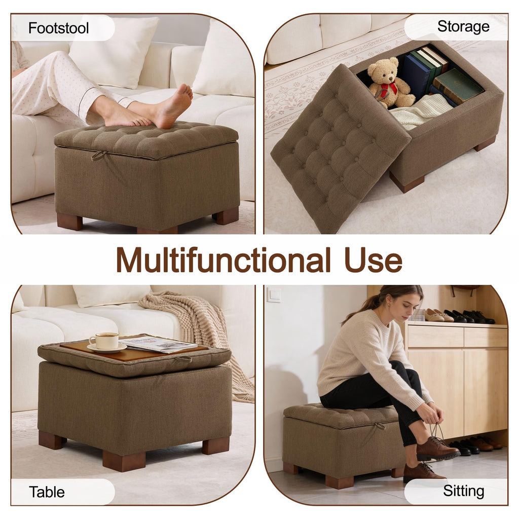 24" Fabric Square Storage Ottoman with Wooden Tray, Modern Tufted Button Footstool Coffee Table, Upholstered Small
