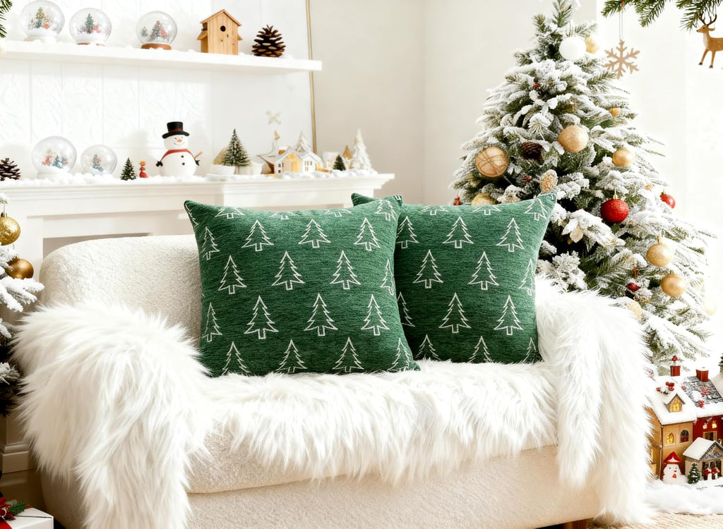 Soft Chenille Christmas Pillow Covers 18x18, Reversible Snowflake & Tree Pattern, Thick & Cozy Farmhouse - Set of 2