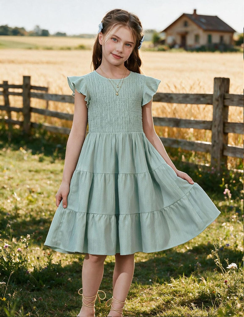Girls Flutter Sleeve Smocked Tiered Midi Sundress with Pockets