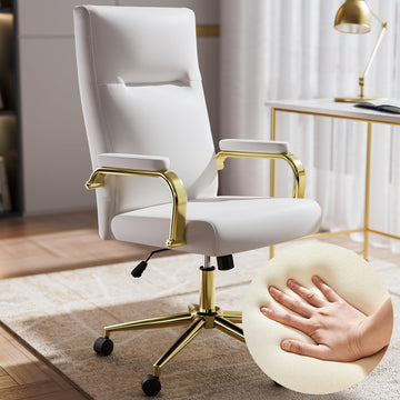 White and Gold Office Chair with Memory Foam Seat, Computer Desk Chair