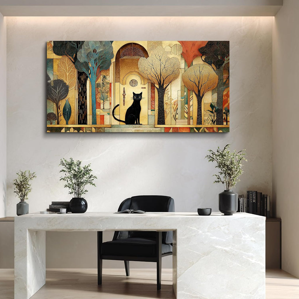 Canvas Wall Art Cat Abstract Cottage Pictures Large Vintage Nature Wall Decor Modern Farmhouse Artwork Gold Trees