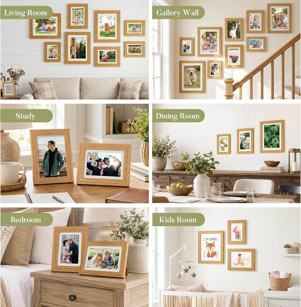 8x10 Picture Frame Set of 3, Tempered Glass, Natural Oak | Solid Wooden Photo Frame, Fits Photo 8x10 without Mat or