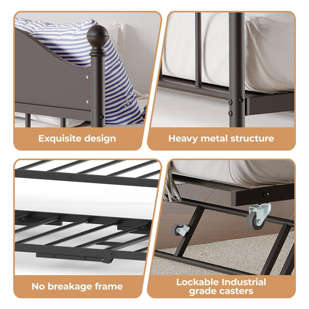 Daybed with Trundle, Twin Bed Frame with Sturdy Metal Foldable Trundle Bed, Trundle Bed Twin with Stylish Headboard