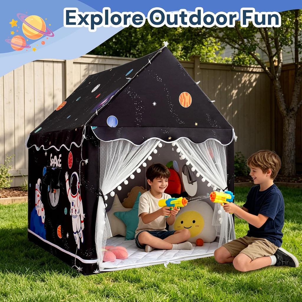 Large Kids Tent Playhouse Padded Mat with Star Lights and Flags, Spaceship Play Tent, Astronaut Rocket Ship Teepee