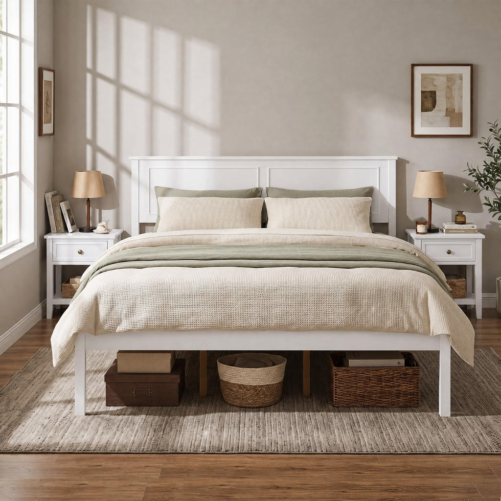 Bed Frame, Farmhouse Wooden Platform Bed with Headboard