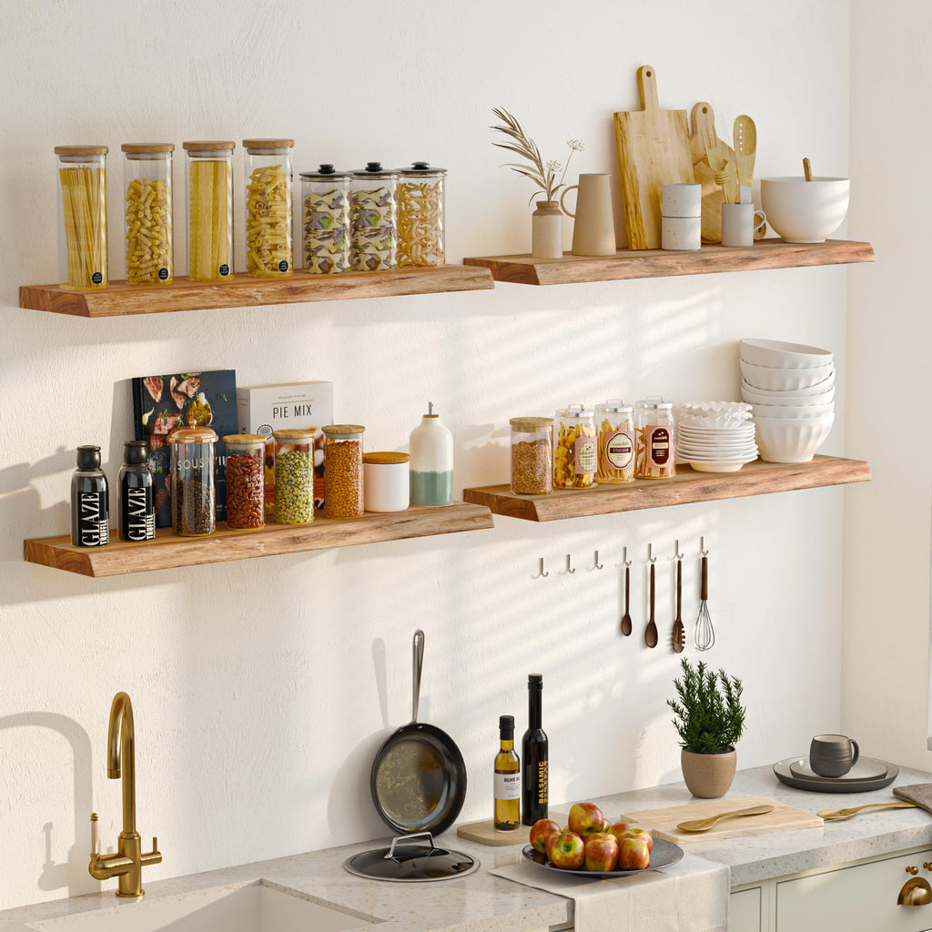 Live Edge Floating Shelves for Wall, 8" Deep Rustic Solid Elm Wood Wall Shelves with Invisible Bracket, Farmhouse