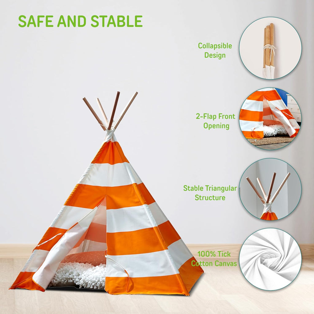Indoor Teepee Tent - Durable Cotton Canvas with White Stripes, Easy Assembly, Orange Playhouse