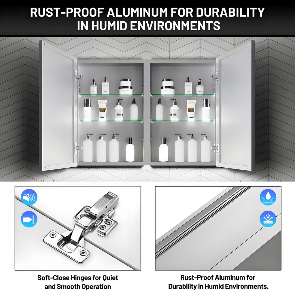 32 x 24 Inch Bathroom Medicine Cabinet with Mirror, Surface, Aluminum Frame with Mirrored Side Panels, Adjustable
