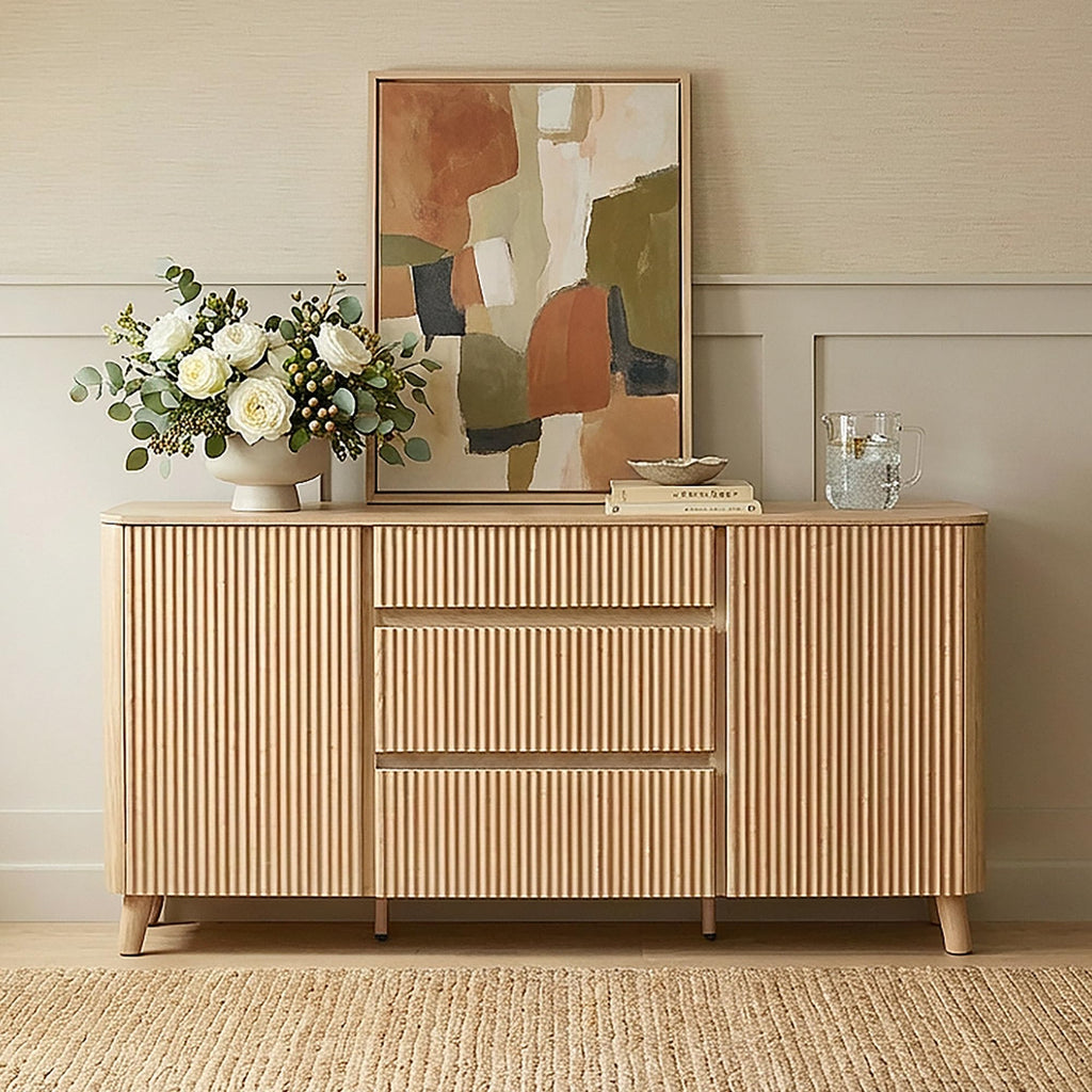 62" Fluted Sideboard Buffet Cabinet with 3 Drawers, Oak