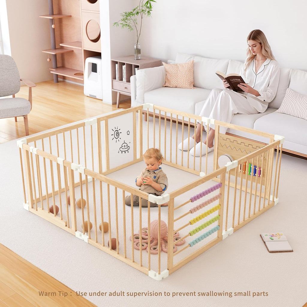 Wooden Baby Playpen, Adjustable Multi-Shape Play Yard for Baby and Toddler | 6/8/10 Panel Baby Fence Play Area