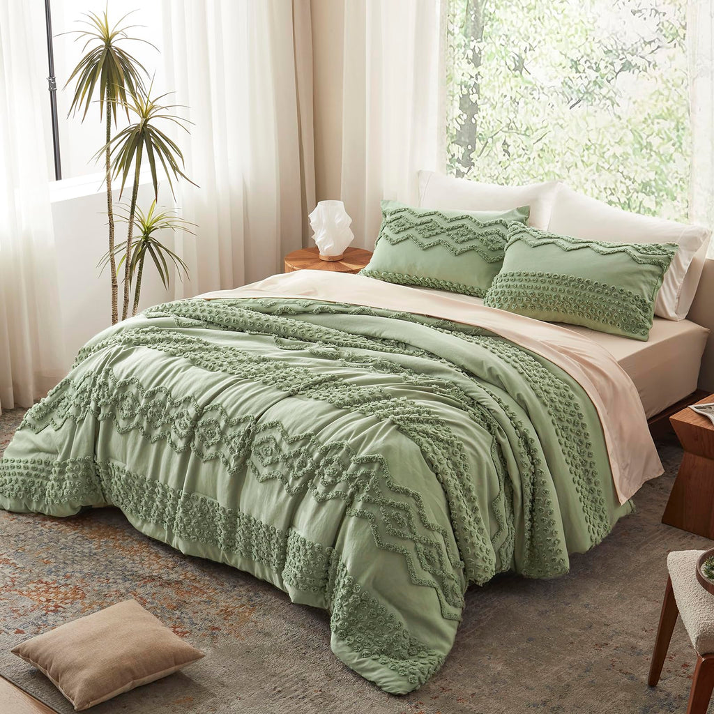 Sage Green Tufted Comforter Set, 3 Pieces Queen Boho Bedding Set