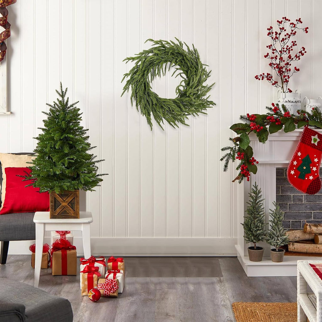 2 Pack Artificial Christmas Wreaths for Front Door, Norfolk Pine & Cedar Greenery with Red Velvet Bows, Real Touch