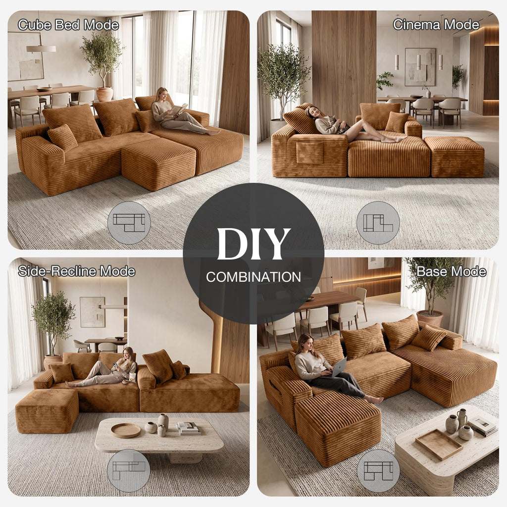 Boneless Couch 95" U-Shaped Sectional Couches with Ottoman, Brown