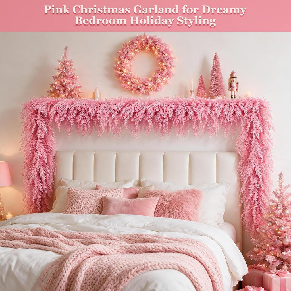 12FT Pink Christmas Cedar Garland, Realistic Artificial Garland, Soft Pastel Xmas Decorations Indoor Outdoor, Faux