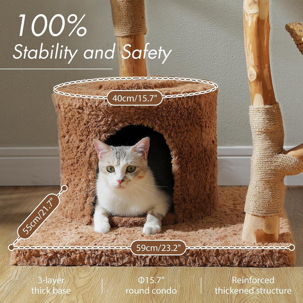 Modern Cat Tree with Real Wood&Wicker Basket for Large Cats Brown