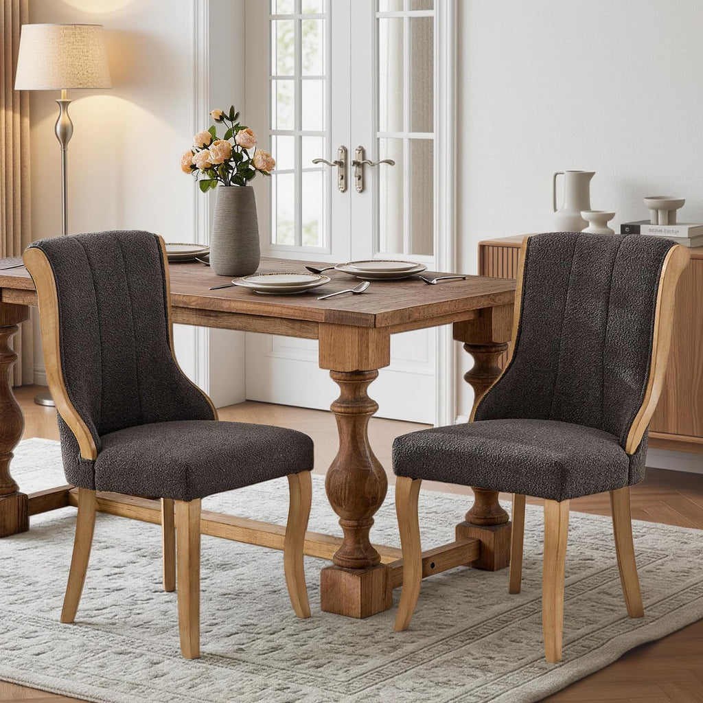Boucle Fabric Set of 6, Curved Wood Trim and Sculpted Solid Wood Legs (Grey)