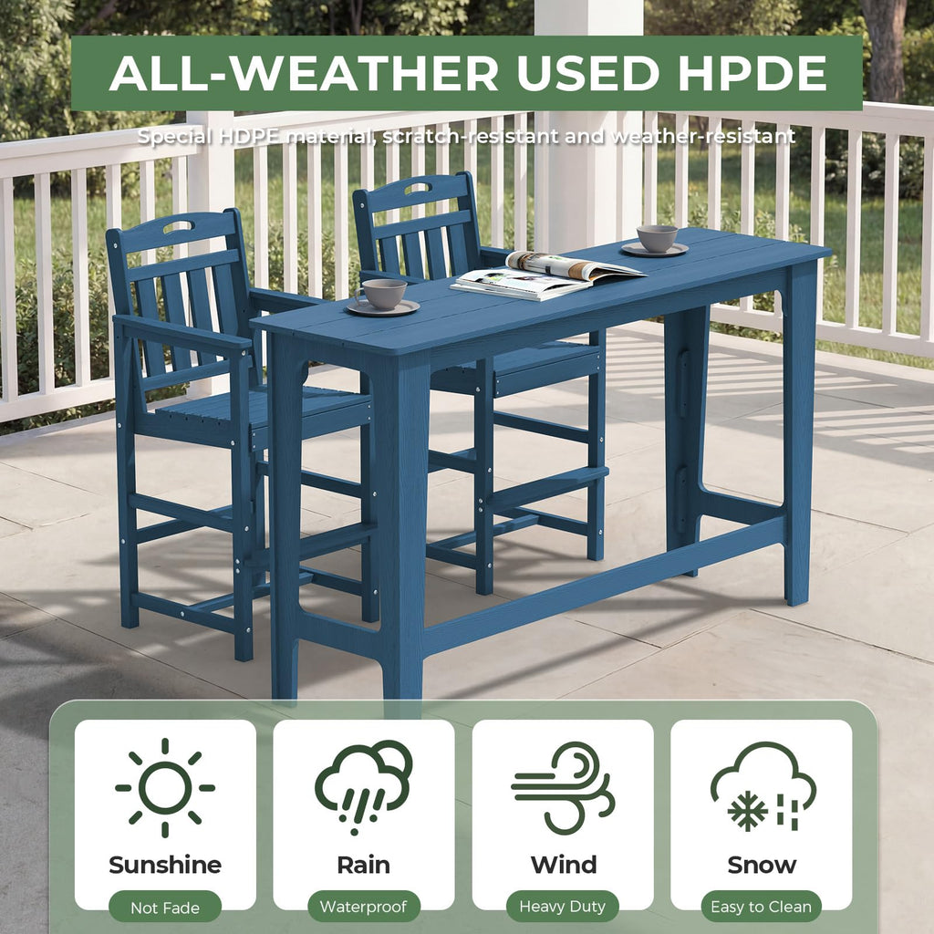 Outdoor Patio Bar Height Table and Tall Adirondack Chairs Set of 2, All-Weather HDPE High Top Long Rectangle Pub