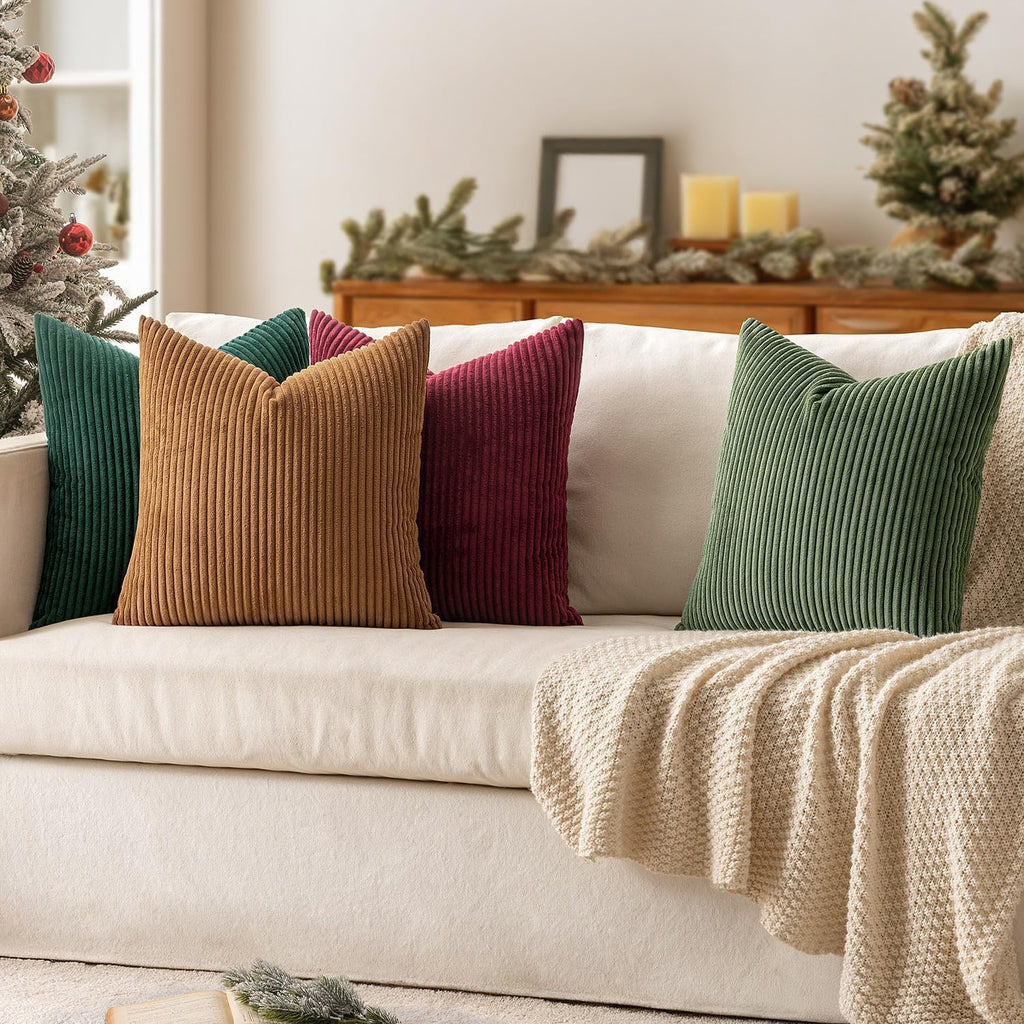 Soft Corduroy Decorative Throw Pillow Covers Christmas Green 20x20 - Set of 4