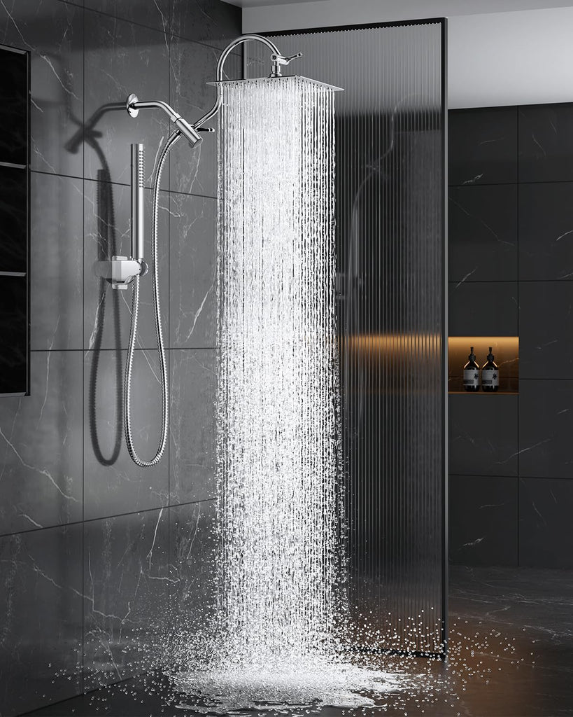 All Metal Dual Shower Heads Combo with Curved Extension Arm, 10" Rain Shower Head with Handheld Spray