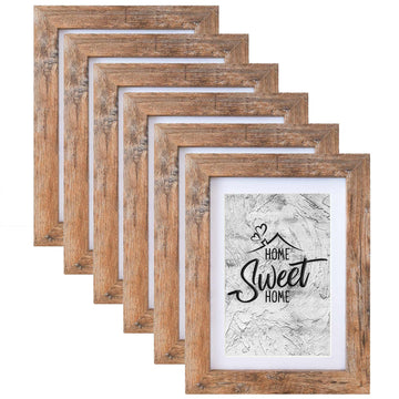 6-Pack Rustic Brown 5x7 Wood Picture Frame, 4x6 Photo Display with Mat, Shatterproof Plexiglass, Wall & Tabletop