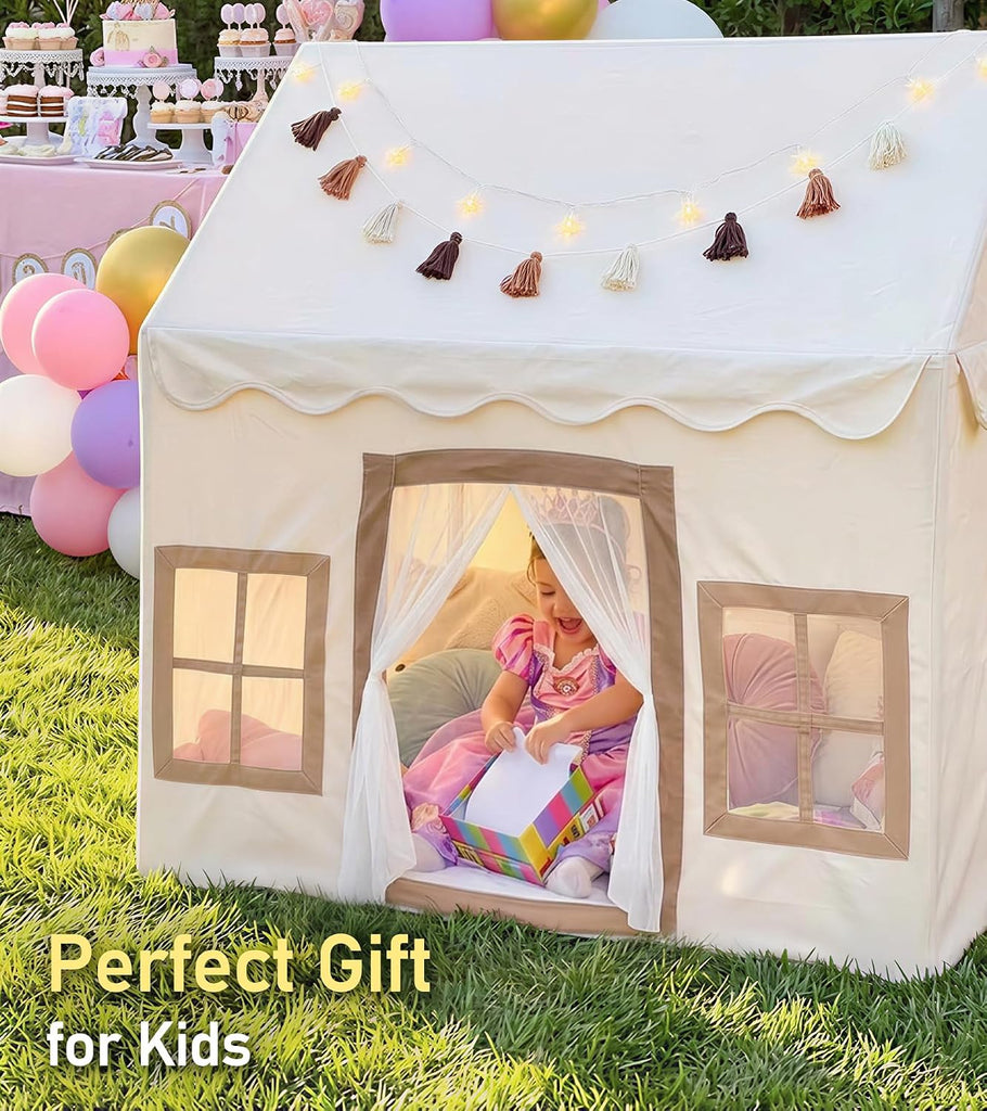Kids Play Tent with Mat, Kids Playhouse with 2 Windows, Star Lights & Tassel Garland, Indoor Outdoor Reading Nook