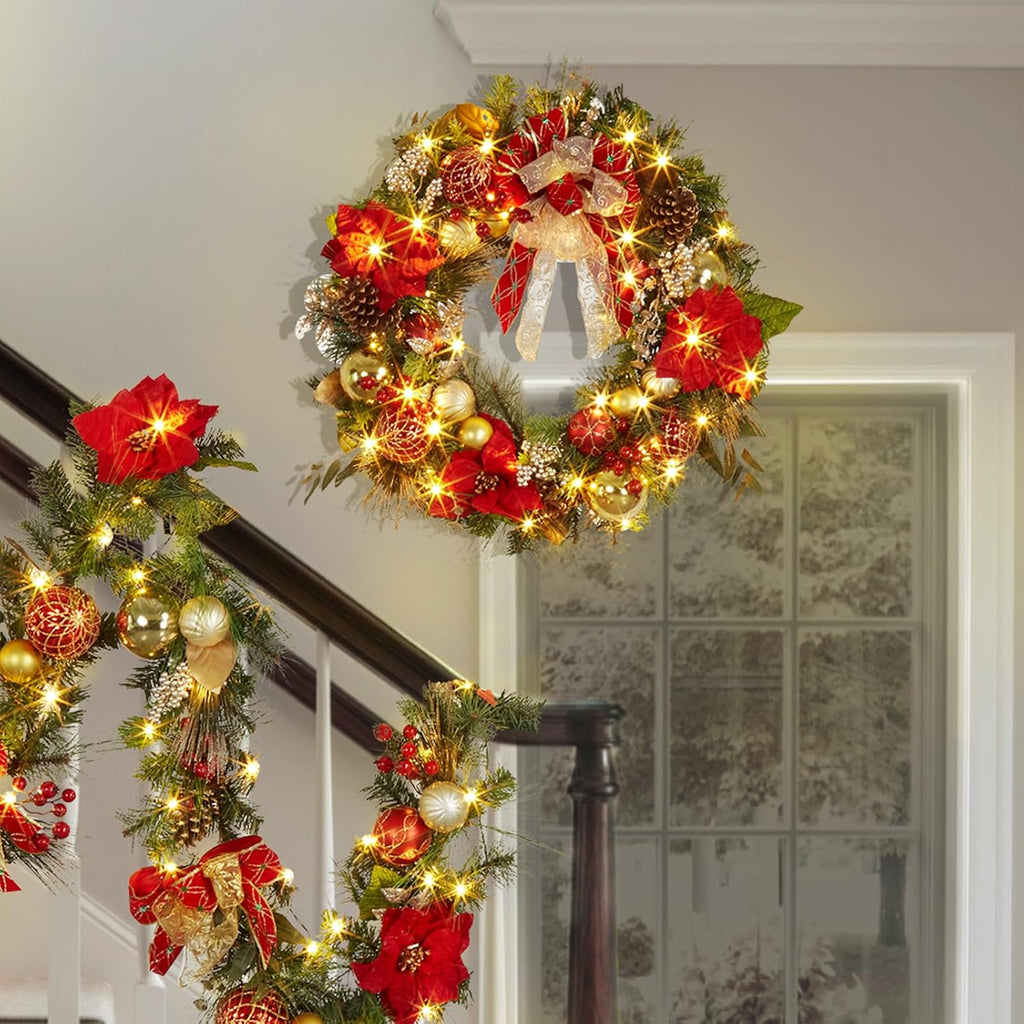 30 Inch Pre-Lit Christmas Wreath for Front Door, Battery Operated with 40 LED Lights, Red & Gold Ball Ornaments, Pine