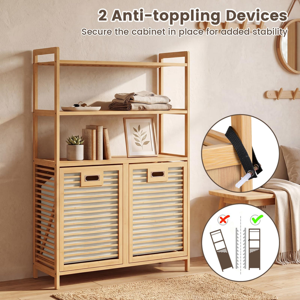 Bamboo Double Tilt Out Laundry Hamper Cabinet with Shelves