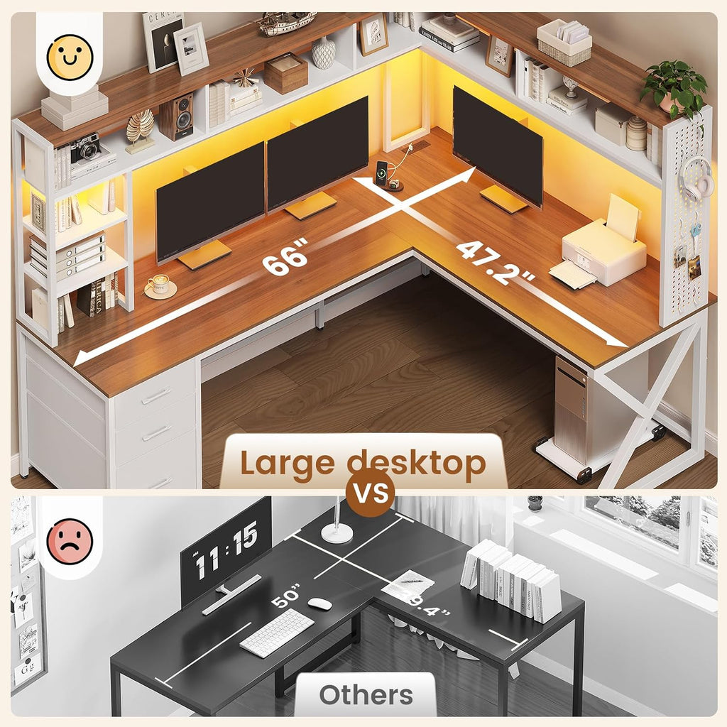 L Shaped Gaming Desk with Storage Drawers and Hutch, Convertible 94.5" Computer Desk with Drawers, Corner Computer