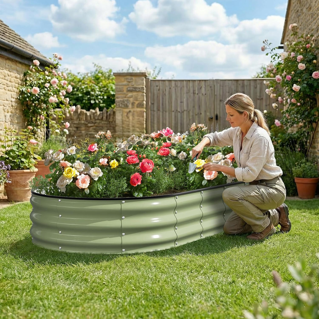 Raised Garden Bed, 6x3x1 FT Galvanized Steel Metal Raised Garden Bed, Oval Open-Bottom Design, 12-Inch Deep for